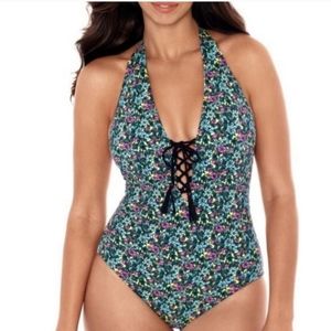 Skinny Dippers Halter Floral Retro One Piece Swim Large